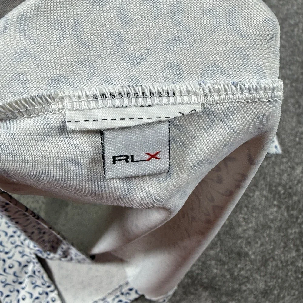 RLX Ralph Lauren Polo Shirt Men's Medium White Blue Golf Club Ball Pattern